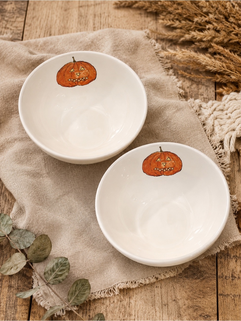 Rae Dunn Trick Or Treat Fat Jack‎ Pumpkin Ceramic Cereal Bowls Set Of 2
